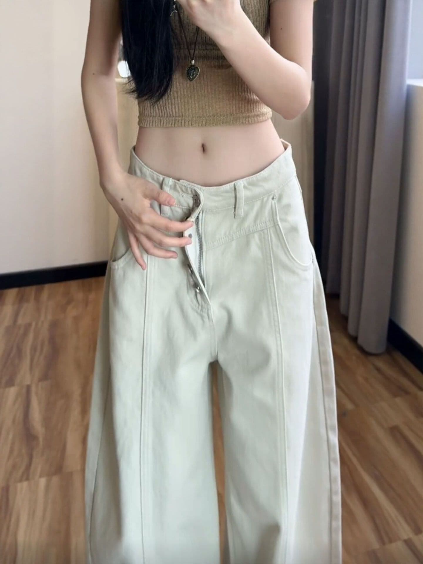 개성 디자인 센스 캐주얼 넓은 다리 청바지 여성 봄 가을 패션 슬림해 보이는 디스플레이 높음 루즈핏 ins 스트레이트 청바지 상세 이미지 6