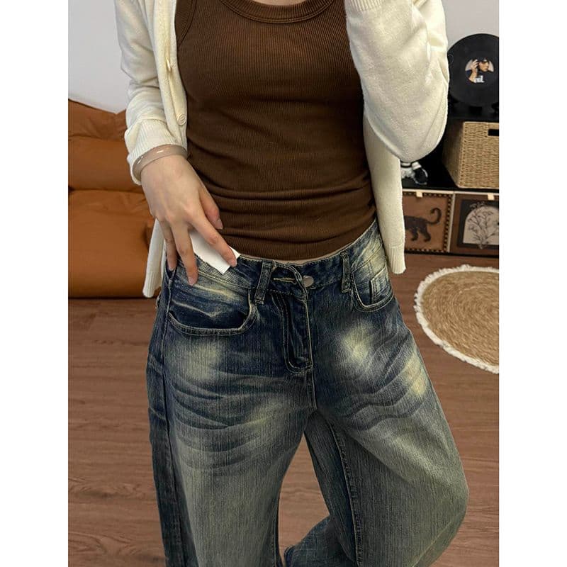 트렌드 출퇴근 넓은 다리 청바지 여성 봄 가을 새로운 루즈핏 디자인 센스 트렌드 모통이 칼 바닥 청소 청바지 트렌디 이미지 2