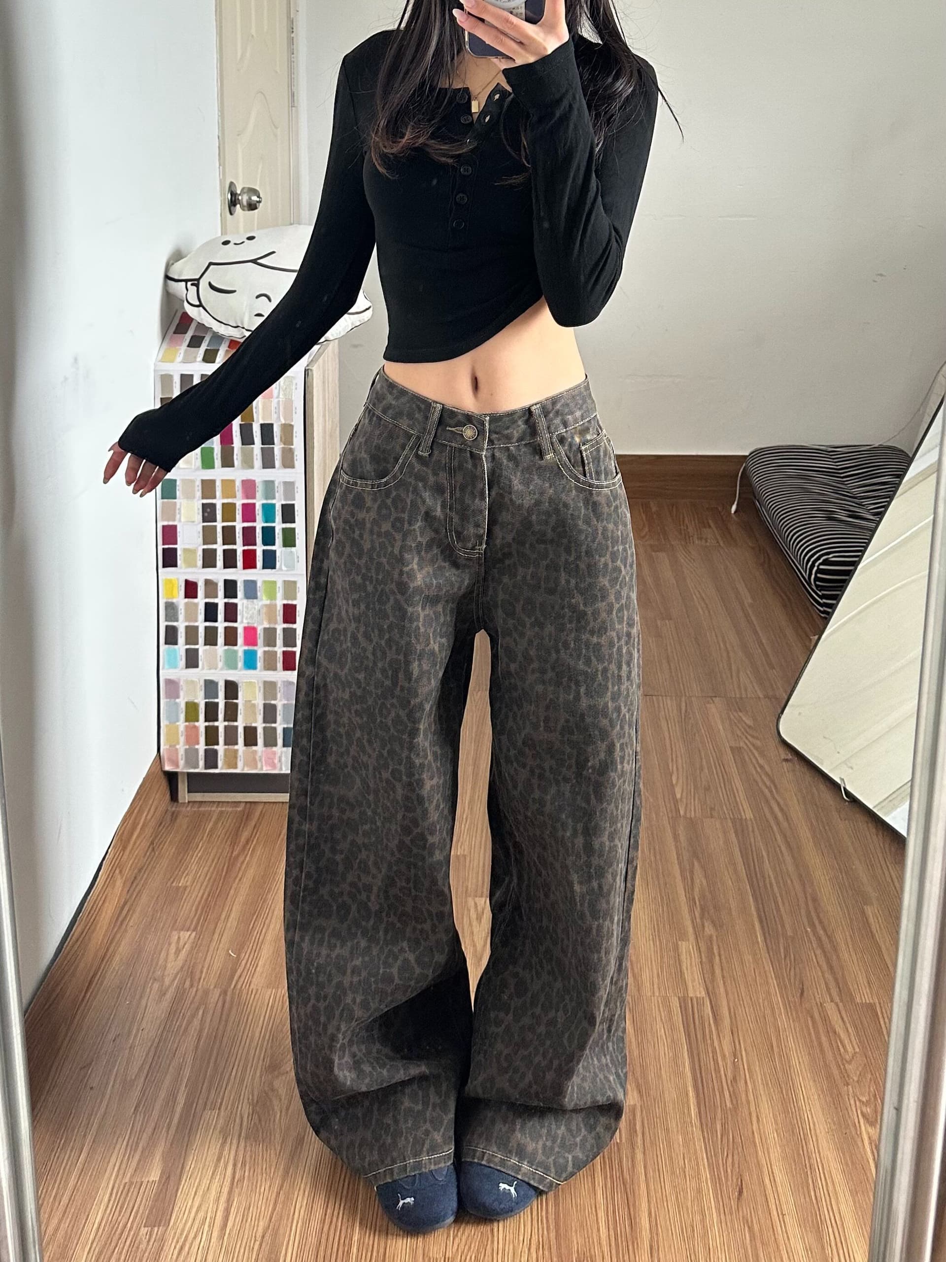 웃음 하 중성 거리 넓은 다리 청바지 여성 봄 가을 새로운 도루 센스 루즈핏 ins 슬림해 보이는 바닥 청소 청바지 상세 이미지 3