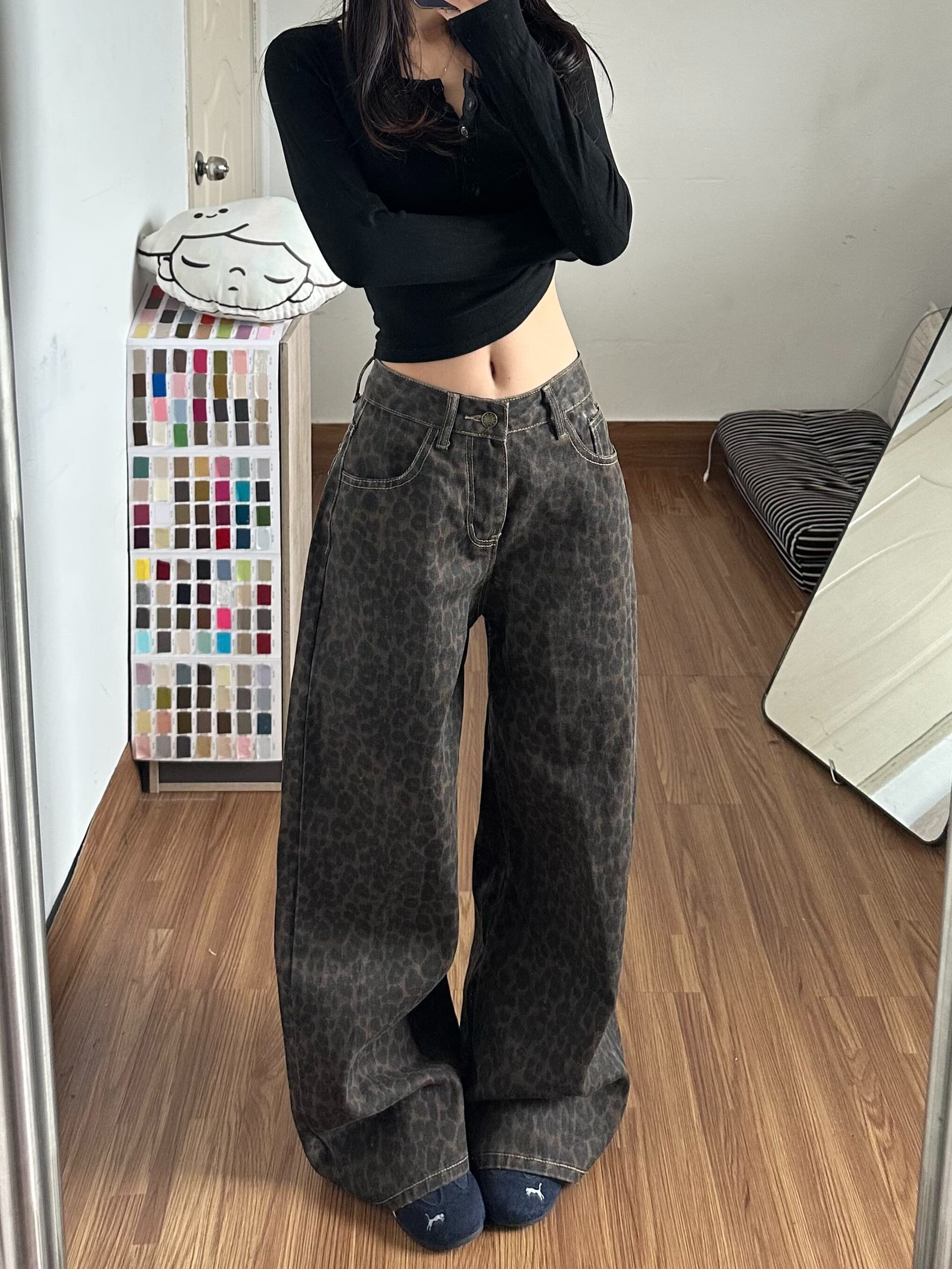 웃음 하 중성 거리 넓은 다리 청바지 여성 봄 가을 새로운 도루 센스 루즈핏 ins 슬림해 보이는 바닥 청소 청바지 상세 이미지 4