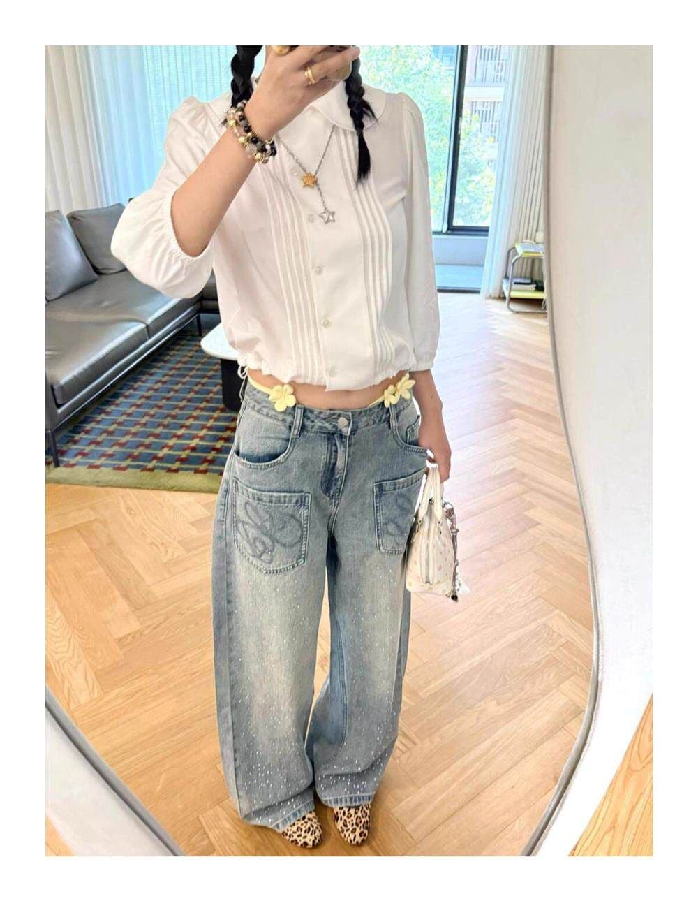 트렌드 느긋한 바람 디자인 센스 넓은 다리 청바지 여성 봄 가을 새로운 ins 패션 높음 거리 바닥 청소 청바지 상세 이미지 3