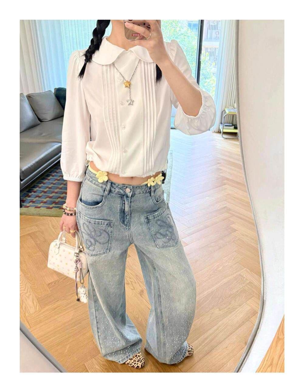 트렌드 느긋한 바람 디자인 센스 넓은 다리 청바지 여성 봄 가을 새로운 ins 패션 높음 거리 바닥 청소 청바지 상세 이미지 4