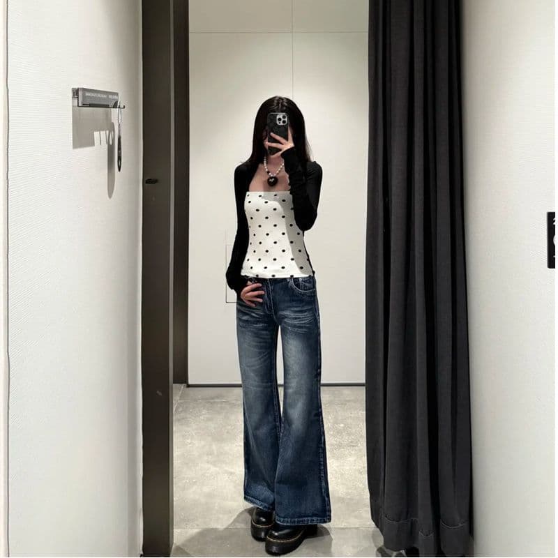 디자인 워싱 주름 넓은 다리 부츠컷 청바지 여성 2026 레트로 블루 도루 센스 바닥 청소 바지 이미지 3