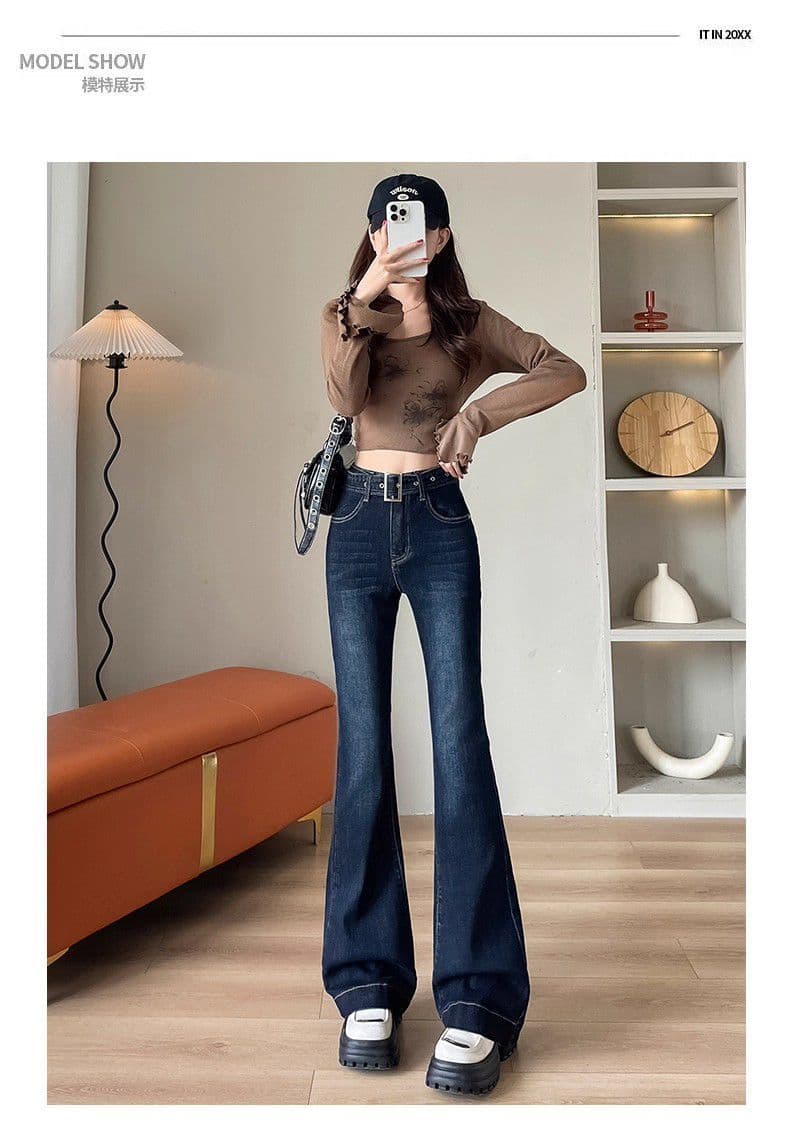 작은 키 핫걸 레트로 마 오래된 진한 파란색 부츠컷 청바지 여성 2026 여름 새로운 몸매 가꾸기 슬림해 보이는 호스 슈 바지 상세 이미지 1