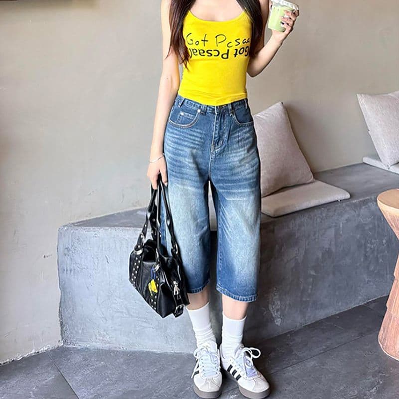 개성 스트레이트 데님 7부 바지 여성 봄 여름 새로운 캐주얼 워싱 다용도 루즈핏 넓은 다리 청바지 트렌디 이미지 2