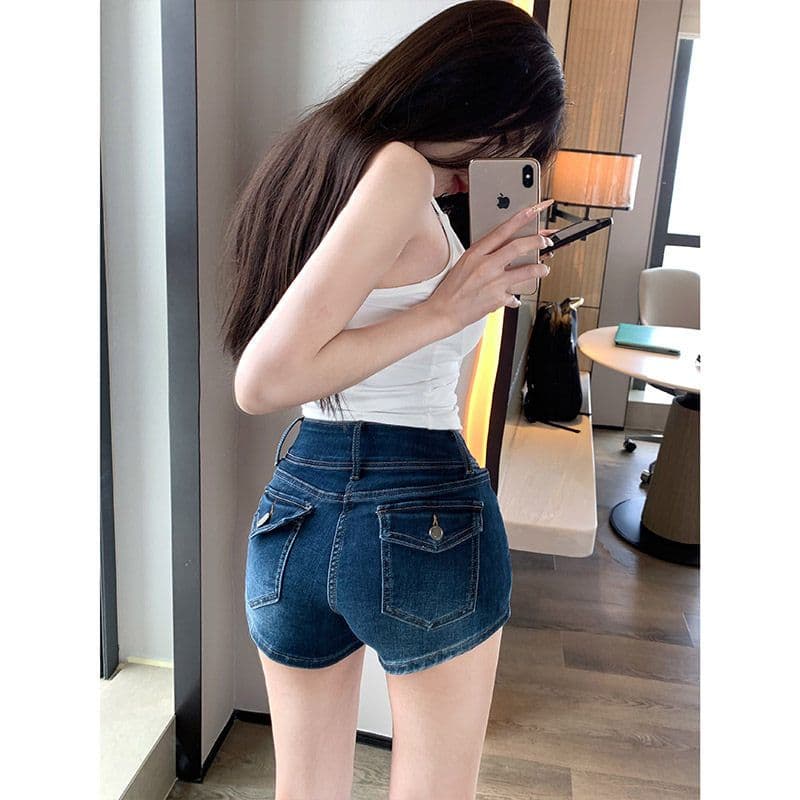거리 핫걸 캐주얼 출퇴근 더블 버클 스트레이트 데님 반바지 여성 봄 여름 섹션 하이웨이스트 슬림해 보이는 한 마디 데님 핫 바지 상세 이미지 3