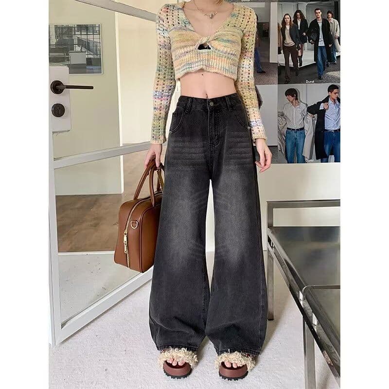 느긋한 바람 캐주얼 다용도 넓은 다리 청바지 여성 봄과 가을 하이웨이스트 루즈핏 도루 센스 한국 스타일 바닥 청소 청바지 상세 이미지 7