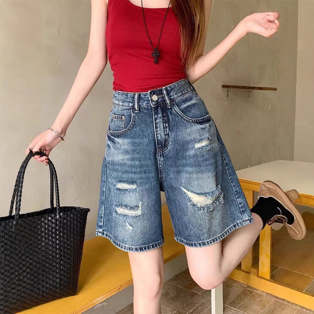 배 모양 몸 찢어진 부분 데님 반바지 여성 봄 여름 새로운 빅 사이즈 통통한 여동생 하이웨이스트 한 마디 넓은 다리 5 점 바지