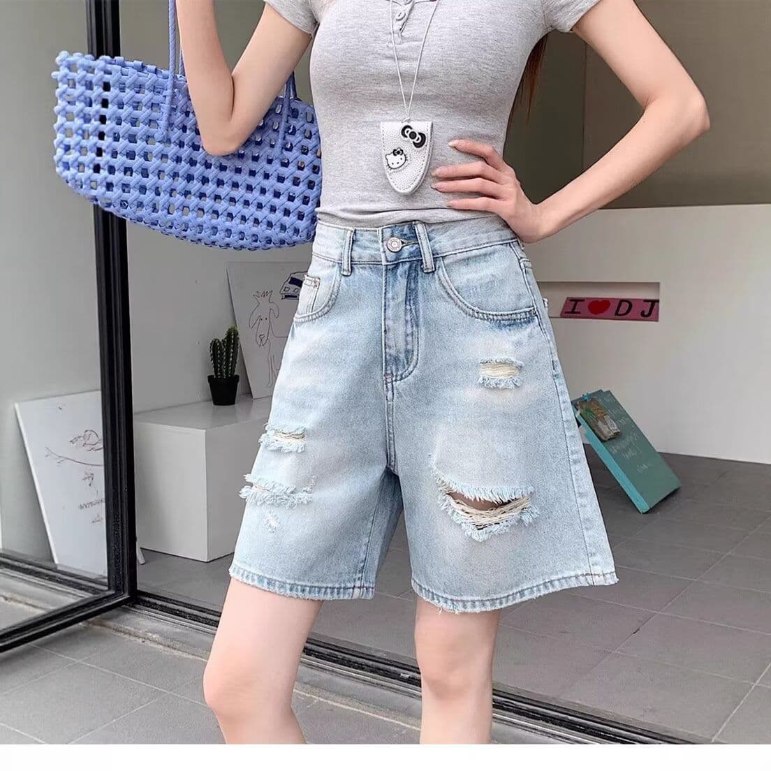 배 모양 몸 찢어진 부분 데님 반바지 여성 봄 여름 새로운 빅 사이즈 통통한 여동생 하이웨이스트 한 마디 넓은 다리 5 점 바지 이미지 2