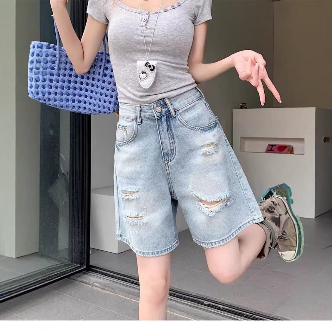 배 모양 몸 찢어진 부분 데님 반바지 여성 봄 여름 새로운 빅 사이즈 통통한 여동생 하이웨이스트 한 마디 넓은 다리 5 점 바지 이미지 4