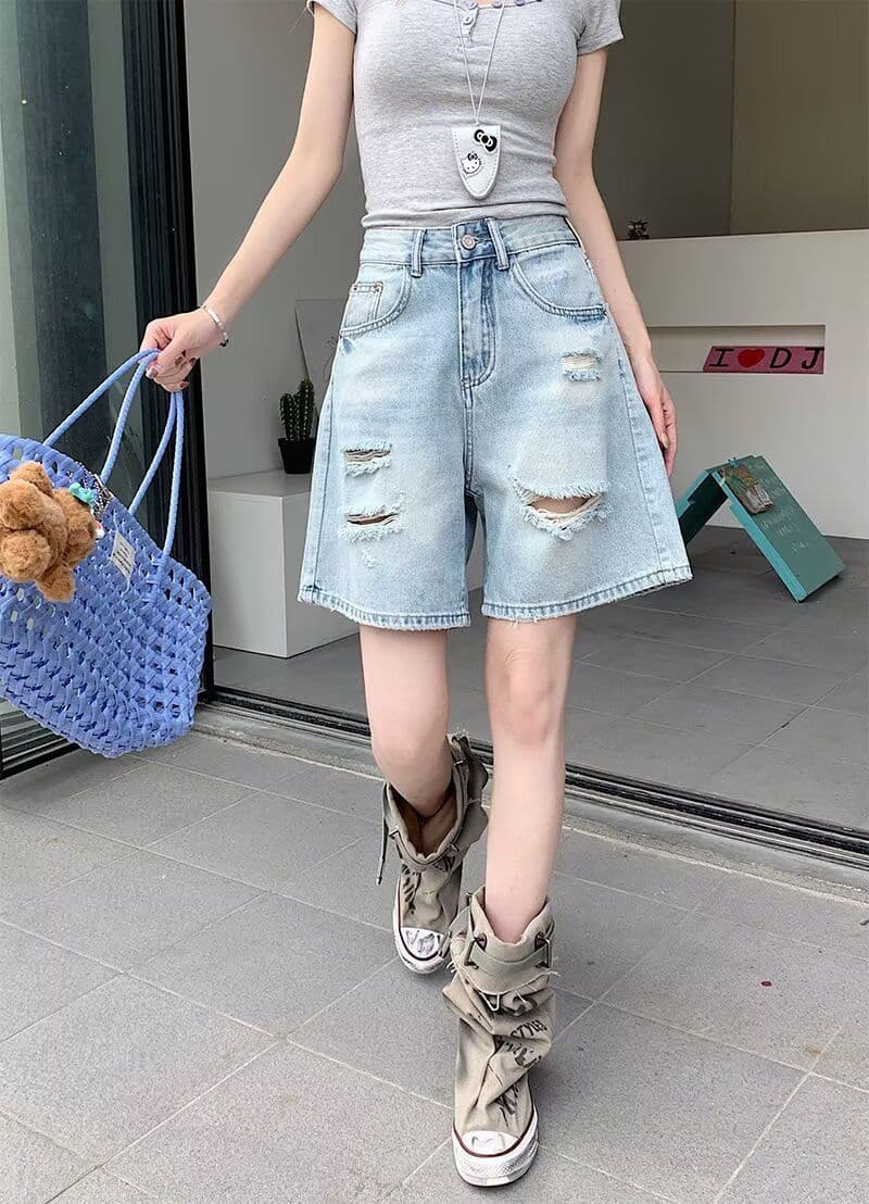 배 모양 몸 찢어진 부분 데님 반바지 여성 봄 여름 새로운 빅 사이즈 통통한 여동생 하이웨이스트 한 마디 넓은 다리 5 점 바지 상세 이미지 1