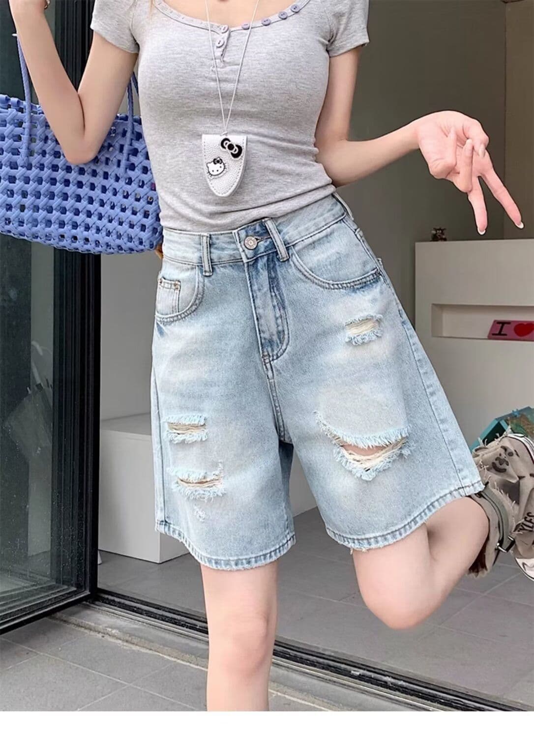 배 모양 몸 찢어진 부분 데님 반바지 여성 봄 여름 새로운 빅 사이즈 통통한 여동생 하이웨이스트 한 마디 넓은 다리 5 점 바지 상세 이미지 2