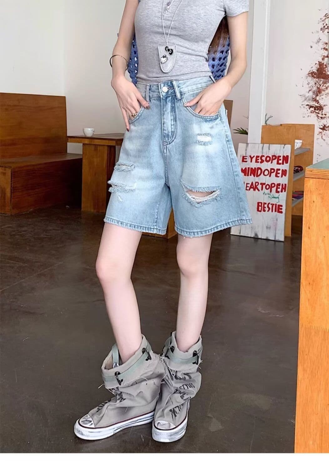 배 모양 몸 찢어진 부분 데님 반바지 여성 봄 여름 새로운 빅 사이즈 통통한 여동생 하이웨이스트 한 마디 넓은 다리 5 점 바지 상세 이미지 5