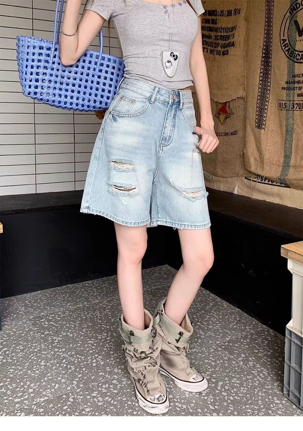 배 모양 몸 찢어진 부분 데님 반바지 여성 봄 여름 새로운 빅 사이즈 통통한 여동생 하이웨이스트 한 마디 넓은 다리 5 점 바지 상세 이미지 10
