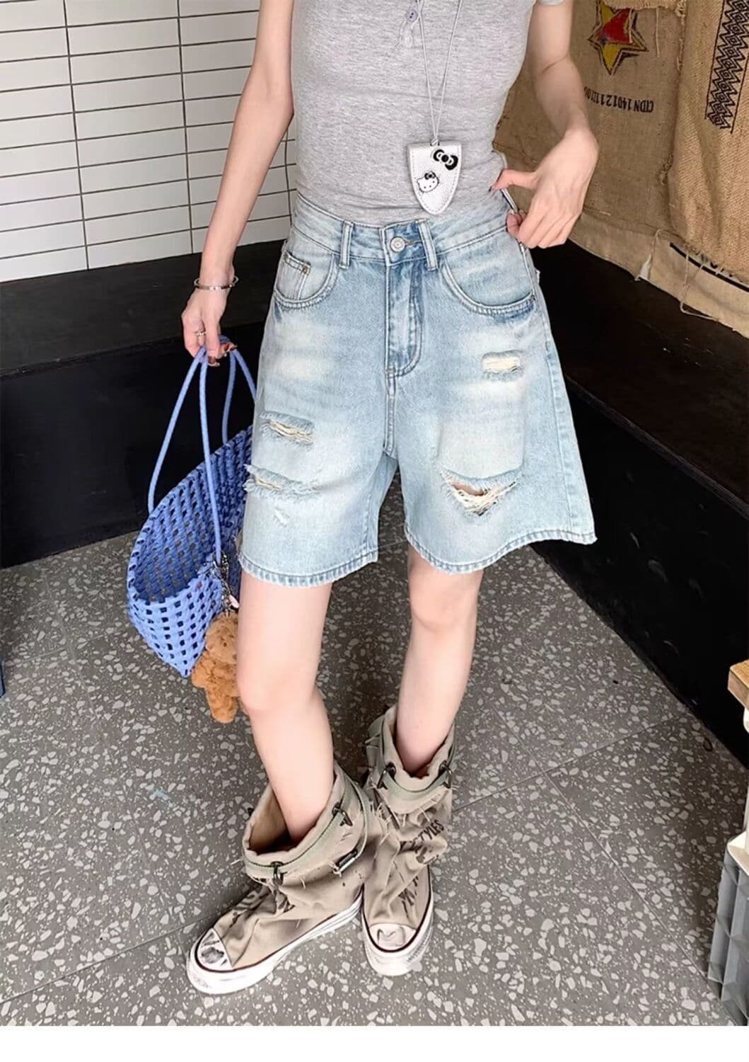 배 모양 몸 찢어진 부분 데님 반바지 여성 봄 여름 새로운 빅 사이즈 통통한 여동생 하이웨이스트 한 마디 넓은 다리 5 점 바지 상세 이미지 11