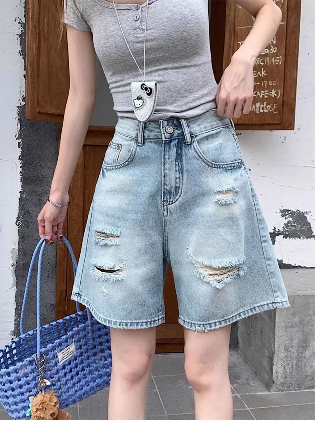 배 모양 몸 찢어진 부분 데님 반바지 여성 봄 여름 새로운 빅 사이즈 통통한 여동생 하이웨이스트 한 마디 넓은 다리 5 점 바지 상세 이미지 12
