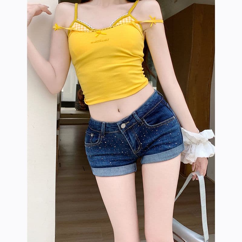 출퇴근 품격 폭발 뒤집다 측면 핫픽스 로우 웨이스트 볼륨 측면 데님 반바지 여성 봄 여름 새로운 타이트 스커트 데님 핫 바지 트렌디 이미지 5