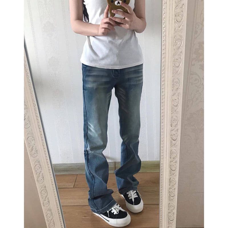 높음 거리 개성 출퇴근 캐주얼 마이크로 폭탄 청바지 여성 봄과 가을 새로운 패션 디자인 센스 스트레이트 청바지 이미지 5
