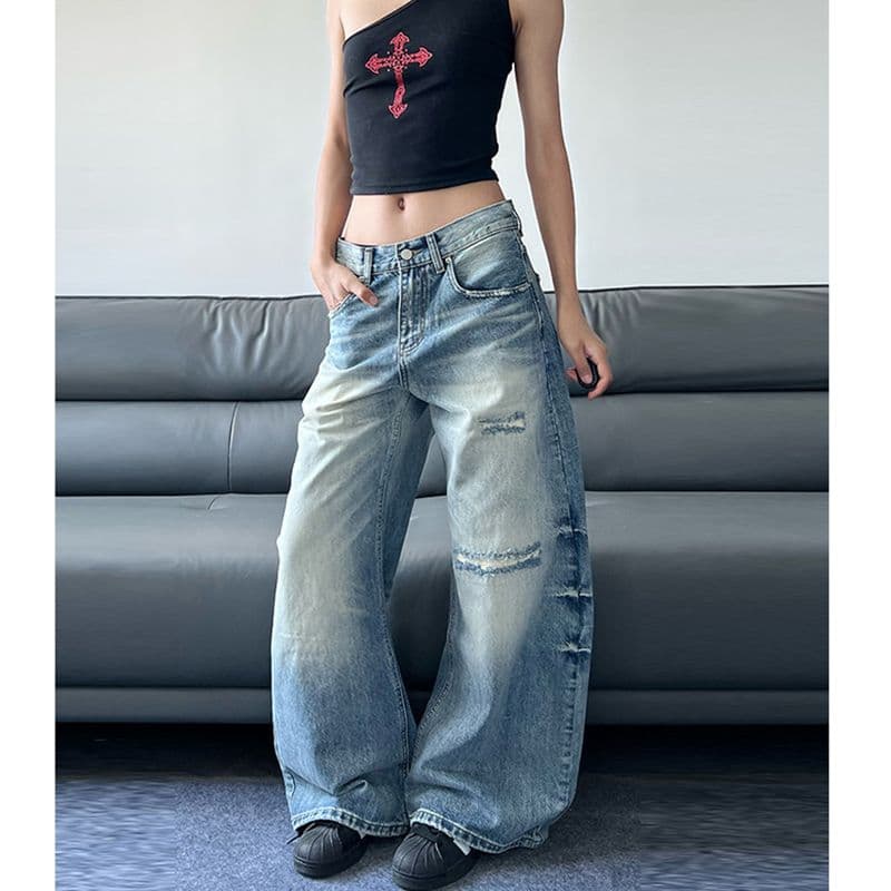 웃음 하 디자인 센스 아메리칸 개성 스트레이트 청바지 여성 봄 가을 새로운 루즈핏 패션 바닥 청소 데님 바지 이미지 3