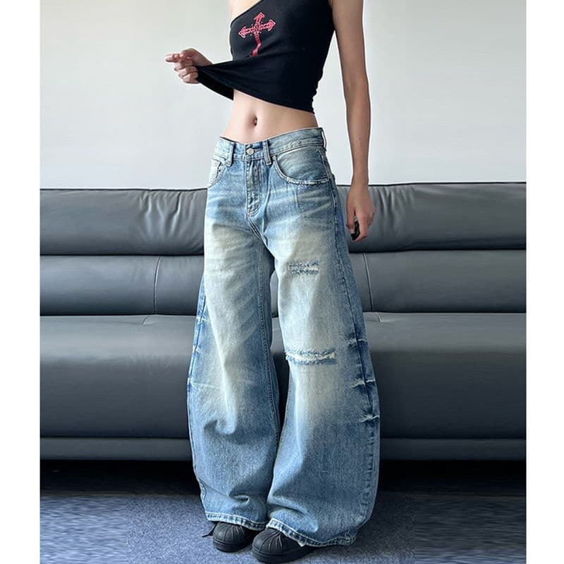 웃음 하 디자인 센스 아메리칸 개성 스트레이트 청바지 여성 봄 가을 새로운 루즈핏 패션 바닥 청소 데님 바지 이미지 4