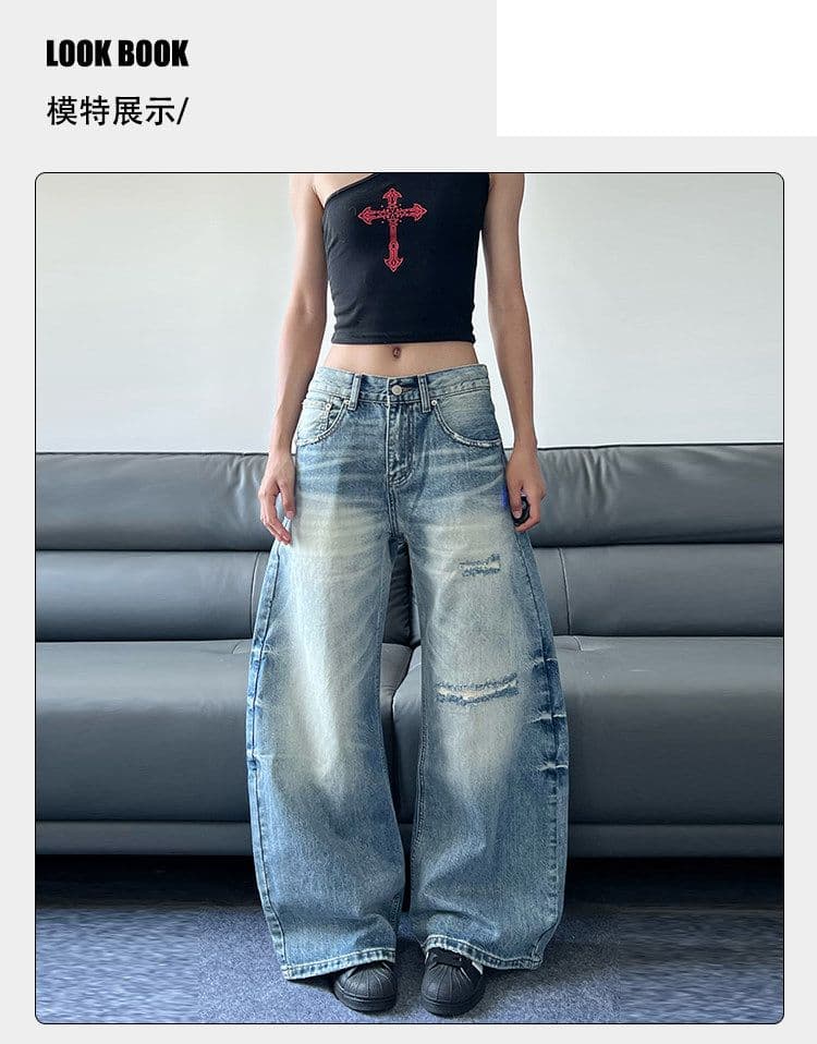 웃음 하 디자인 센스 아메리칸 개성 스트레이트 청바지 여성 봄 가을 새로운 루즈핏 패션 바닥 청소 데님 바지 상세 이미지 3