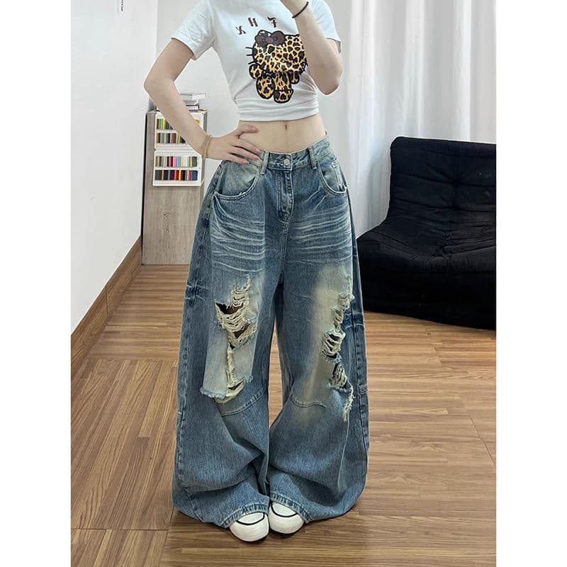 아메리칸 레트로 워싱 찢어진 부분 모통이 칼 청바지 바지 아이들 봄 가을 새로운 루즈핏 넓은 다리 바닥 청소 청바지