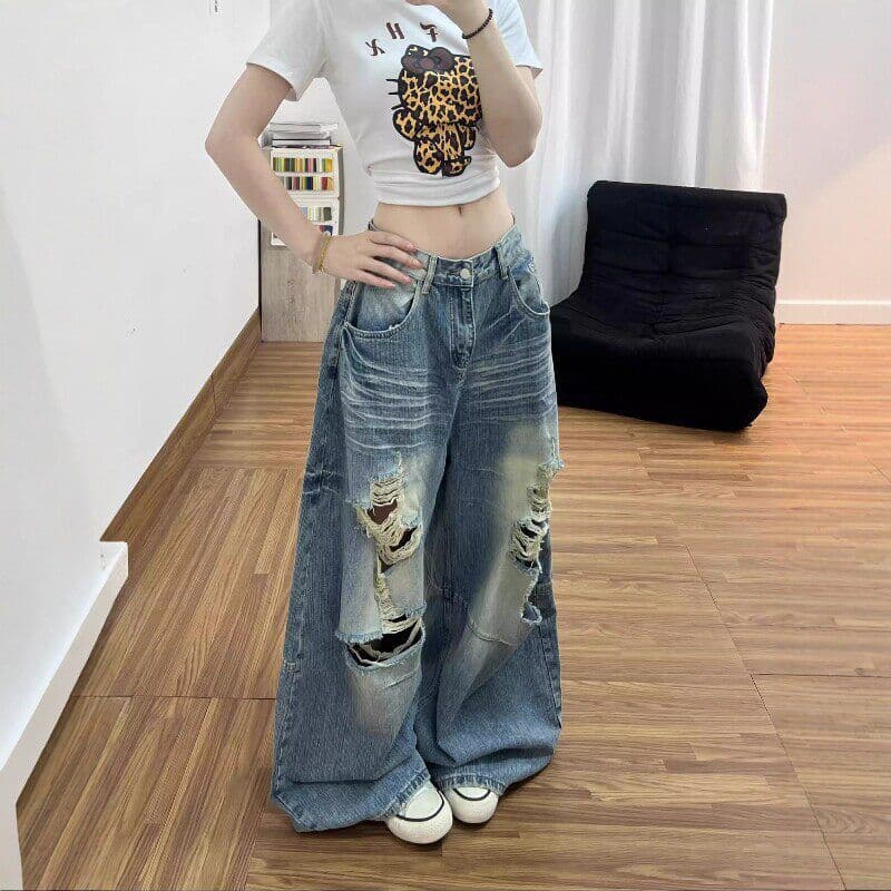아메리칸 레트로 워싱 찢어진 부분 모통이 칼 청바지 바지 아이들 봄 가을 새로운 루즈핏 넓은 다리 바닥 청소 청바지 이미지 5