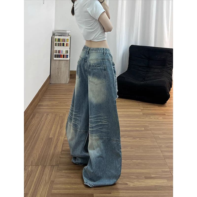 아메리칸 레트로 워싱 찢어진 부분 모통이 칼 청바지 바지 아이들 봄 가을 새로운 루즈핏 넓은 다리 바닥 청소 청바지 이미지 3