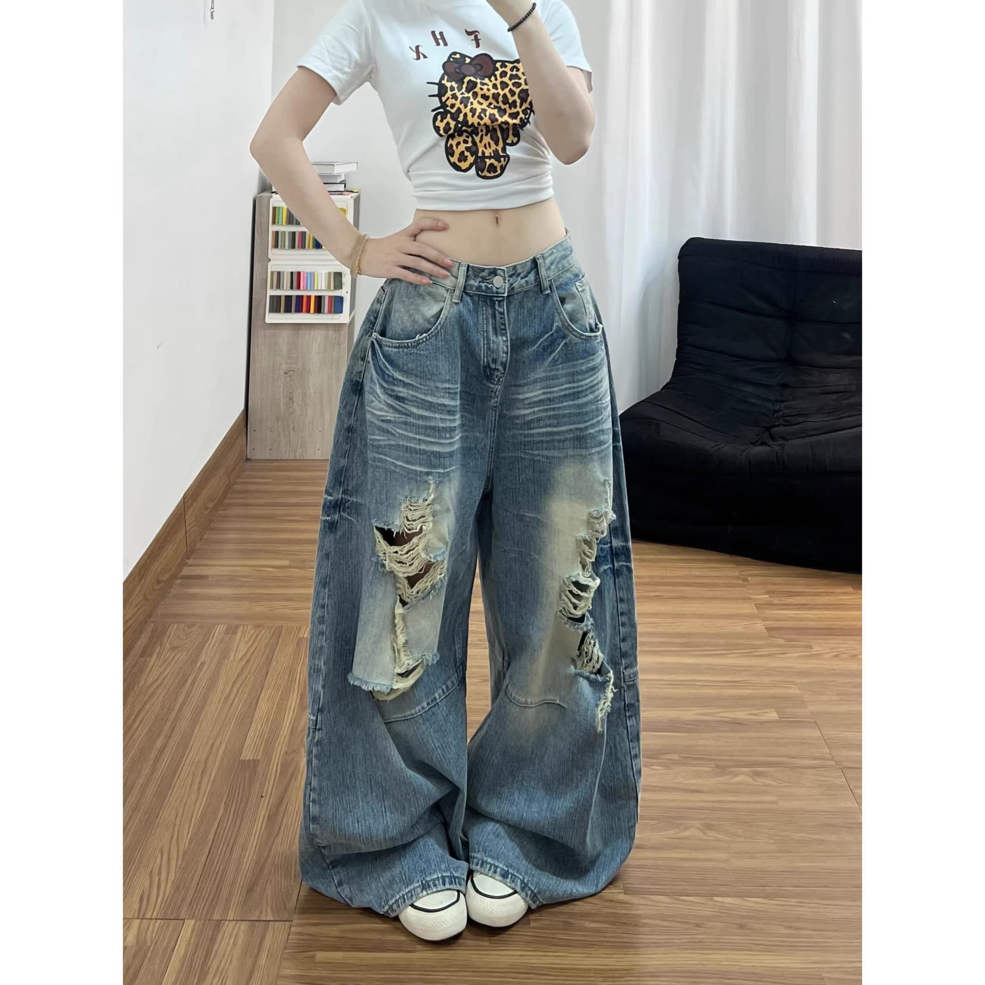 아메리칸 레트로 워싱 찢어진 부분 모통이 칼 청바지 바지 아이들 봄 가을 새로운 루즈핏 넓은 다리 바닥 청소 청바지 상세 이미지 2