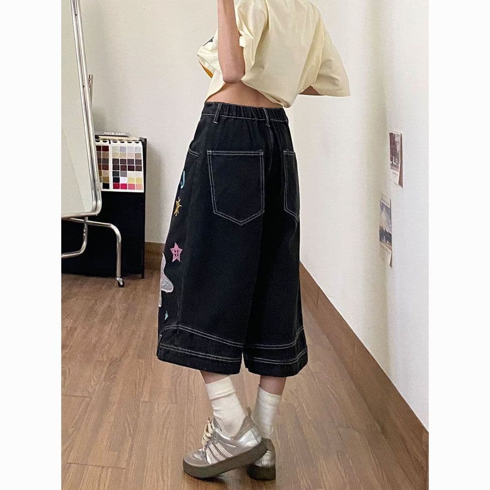 아메리칸 재미있는 만화 패치 자수 청바지 여성 2026 여름 루즈핏 슬림해 보이는 7부 바지 넓은 다리가 짧다. 바지 이미지 4