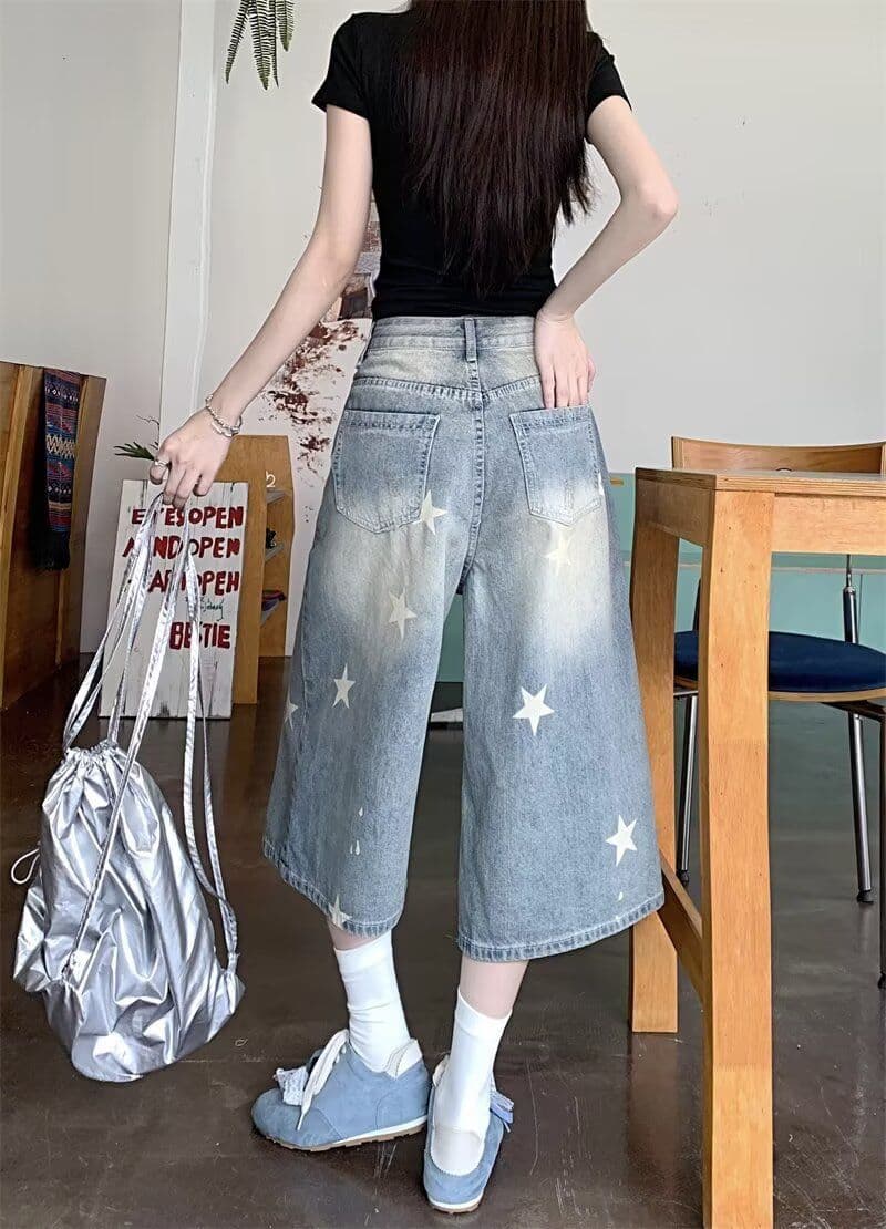여름 아메리칸 레트로 별 프린트 데님 반바지 여성 마 오래된 워싱 루즈핏 넓은 다리 캐주얼 7부 바지 상세 이미지 5