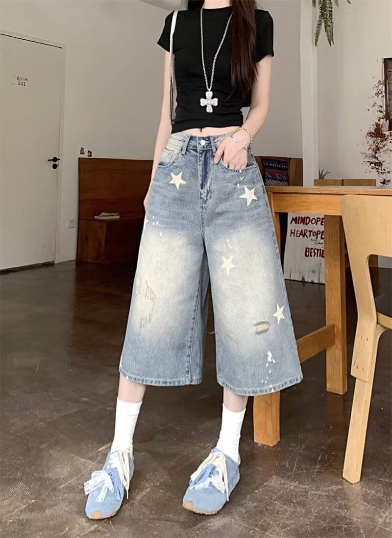 여름 아메리칸 레트로 별 프린트 데님 반바지 여성 마 오래된 워싱 루즈핏 넓은 다리 캐주얼 7부 바지 상세 이미지 11