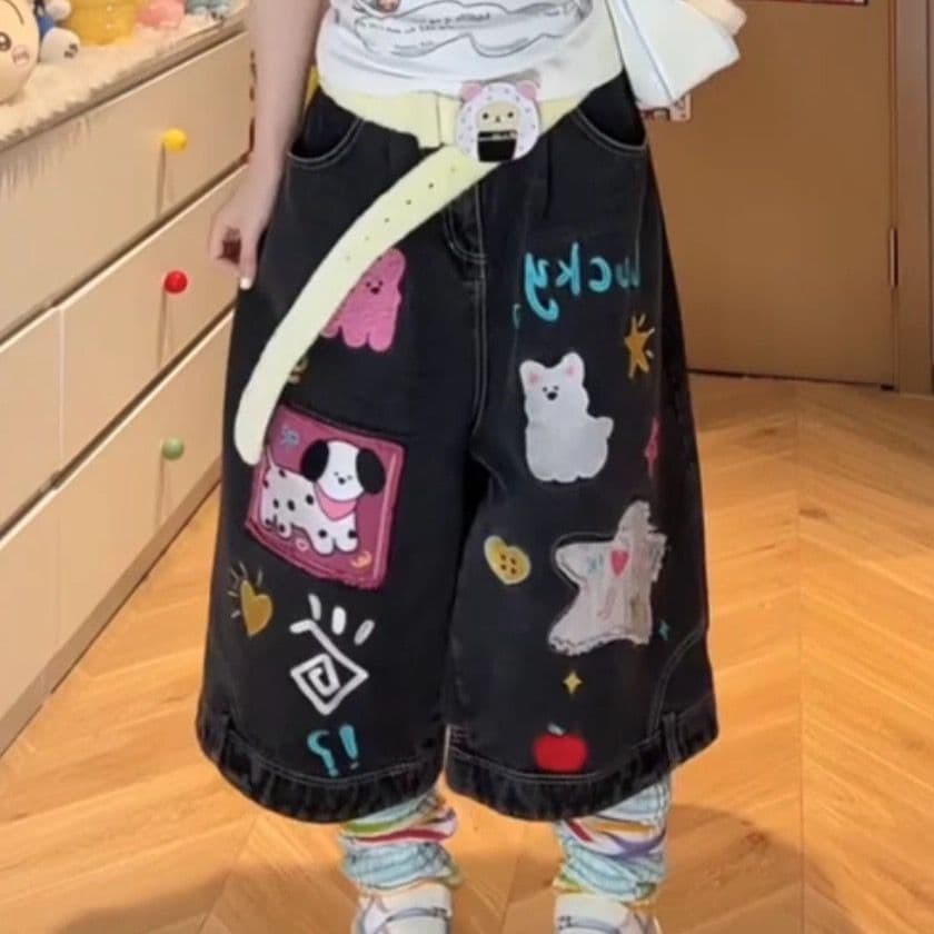 높음 거리 아메리칸 재미있는 만화 패치 자수 표지 고기 청바지 여성 여름 2026 루즈핏 넓은 다리 7부 바지 트렌디 이미지 2