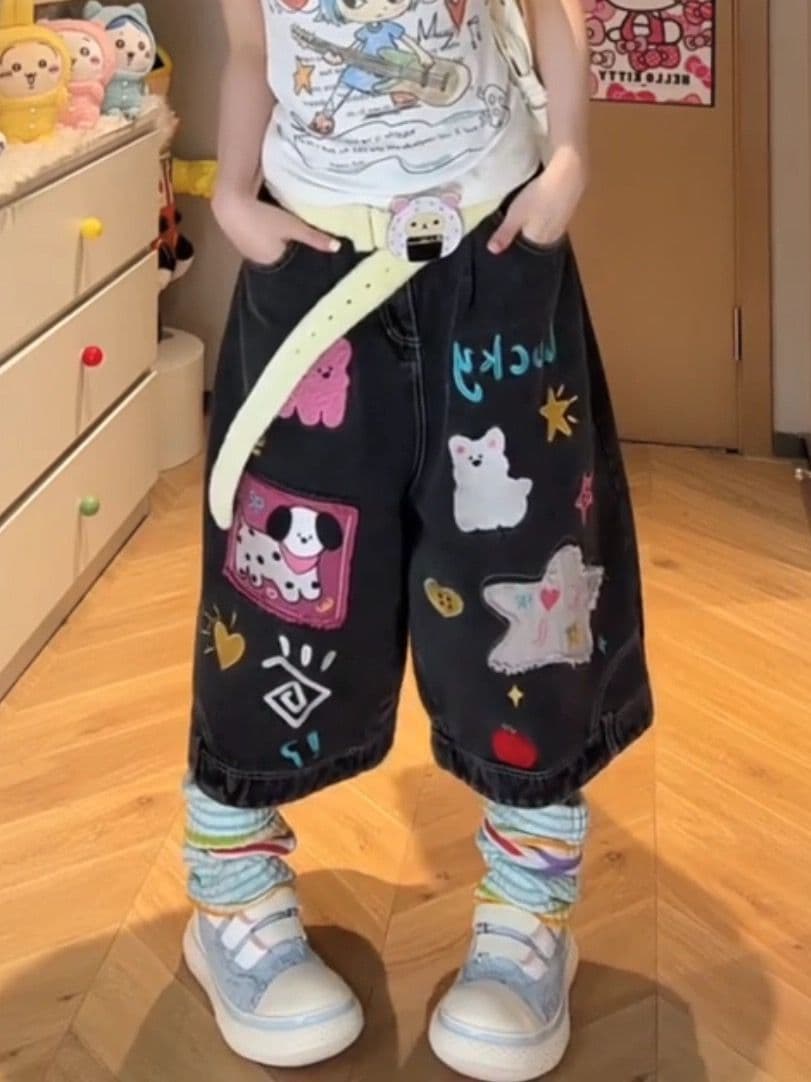 높음 거리 아메리칸 재미있는 만화 패치 자수 표지 고기 청바지 여성 여름 2026 루즈핏 넓은 다리 7부 바지 트렌디 상세 이미지 1