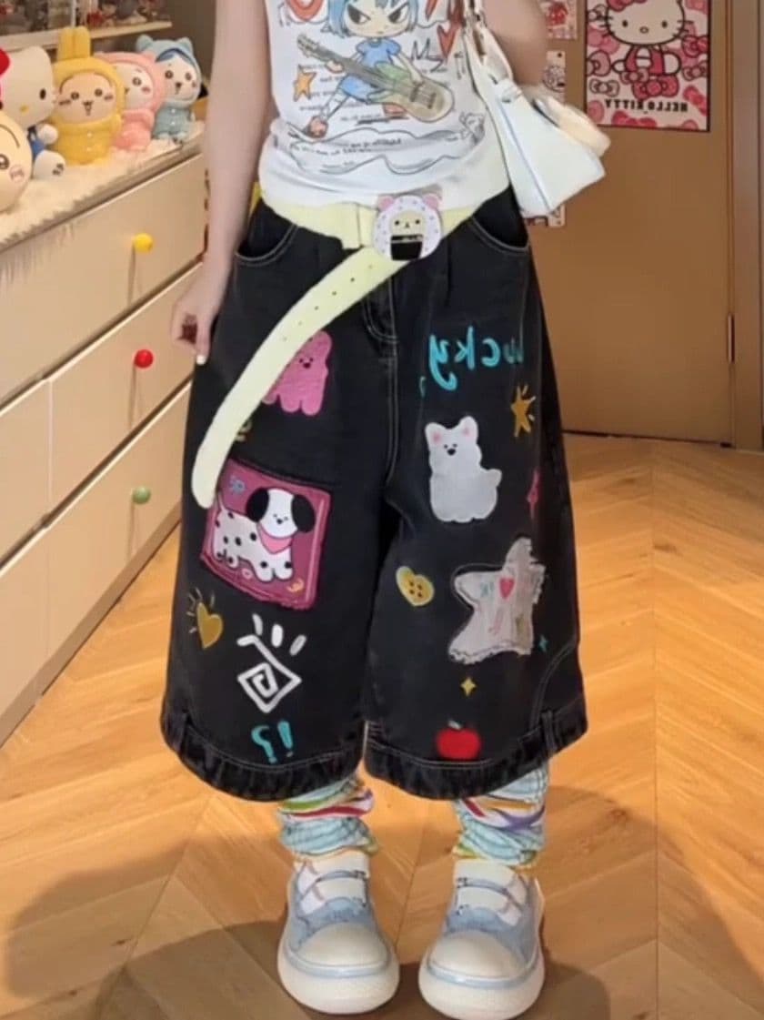 높음 거리 아메리칸 재미있는 만화 패치 자수 표지 고기 청바지 여성 여름 2026 루즈핏 넓은 다리 7부 바지 트렌디 상세 이미지 3