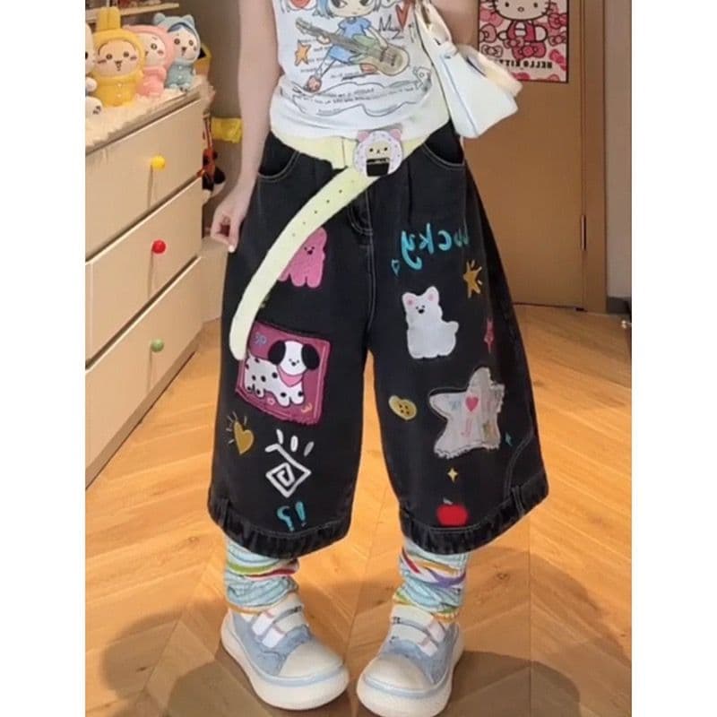 높음 거리 아메리칸 재미있는 만화 패치 자수 표지 고기 청바지 여성 여름 2026 루즈핏 넓은 다리 7부 바지 트렌디 상세 이미지 5