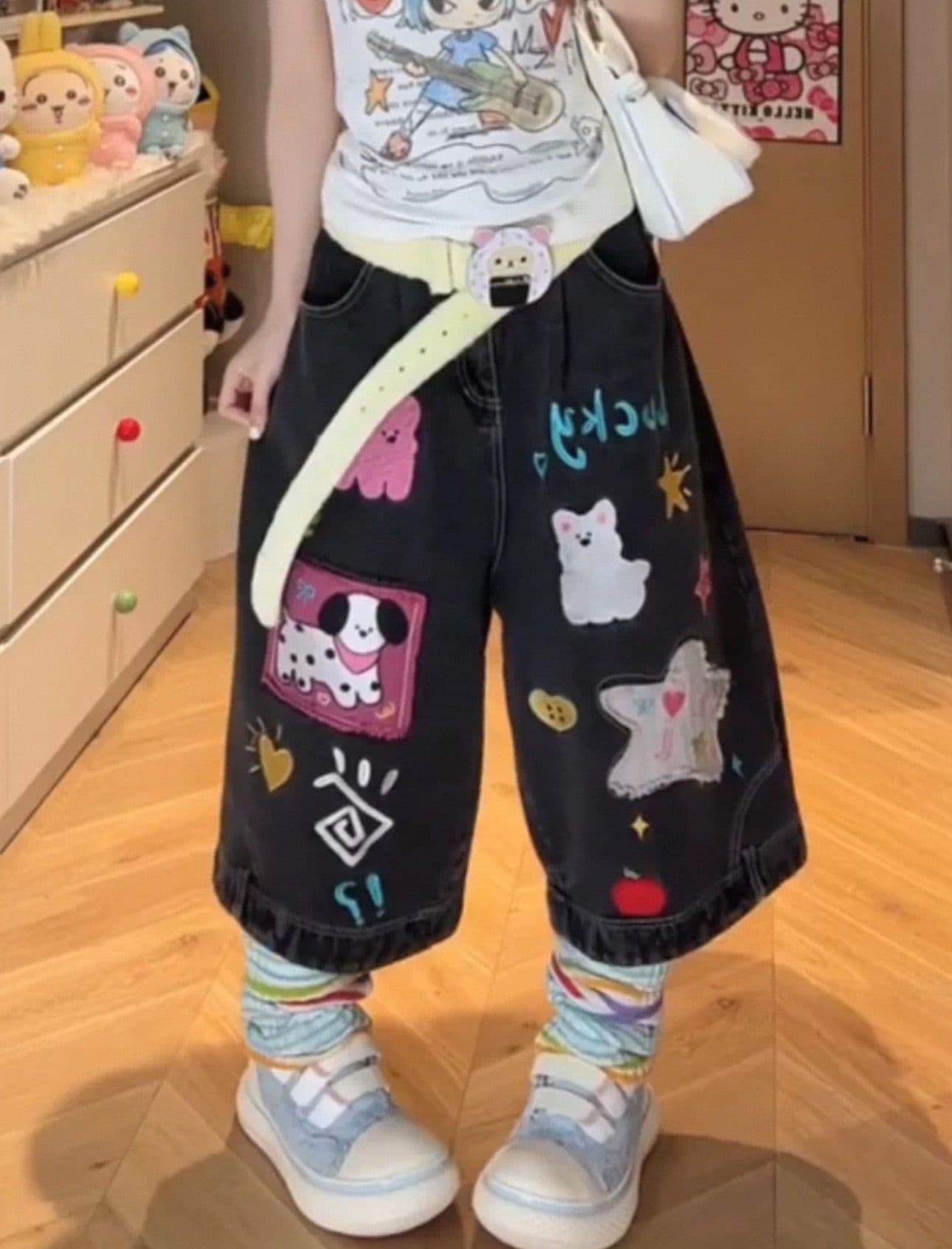 높음 거리 아메리칸 재미있는 만화 패치 자수 표지 고기 청바지 여성 여름 2026 루즈핏 넓은 다리 7부 바지 트렌디 상세 이미지 9