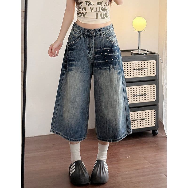 출퇴근 한국 스타일 개성 데님 7부 바지 여성 봄 여름 새로운 워싱 디스플레이 높음 다용도 루즈핏 넓은 다리 청바지 이미지 4