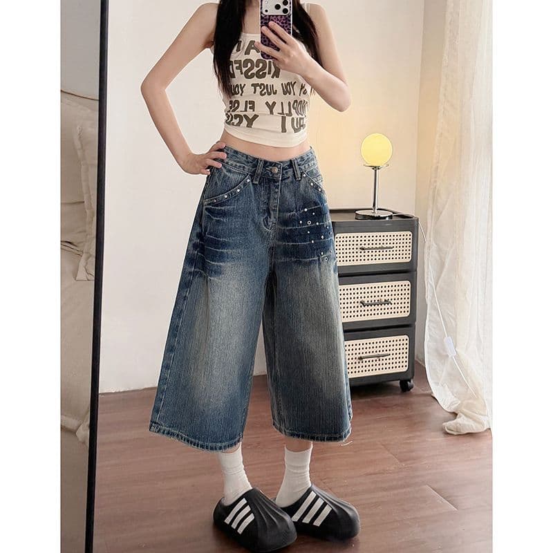 출퇴근 한국 스타일 개성 데님 7부 바지 여성 봄 여름 새로운 워싱 디스플레이 높음 다용도 루즈핏 넓은 다리 청바지 이미지 3