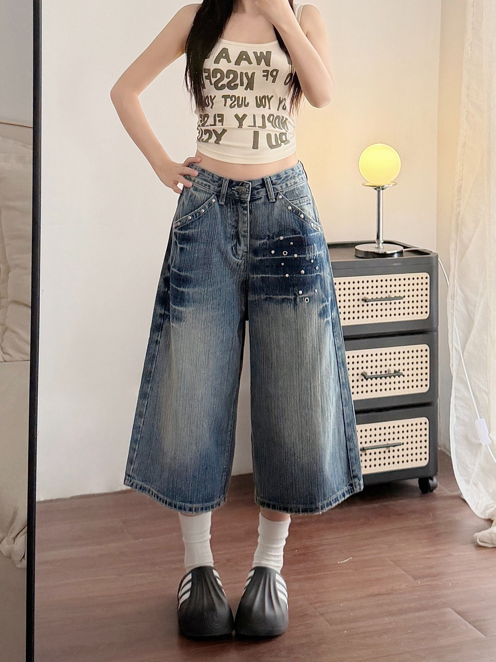 출퇴근 한국 스타일 개성 데님 7부 바지 여성 봄 여름 새로운 워싱 디스플레이 높음 다용도 루즈핏 넓은 다리 청바지 상세 이미지 3