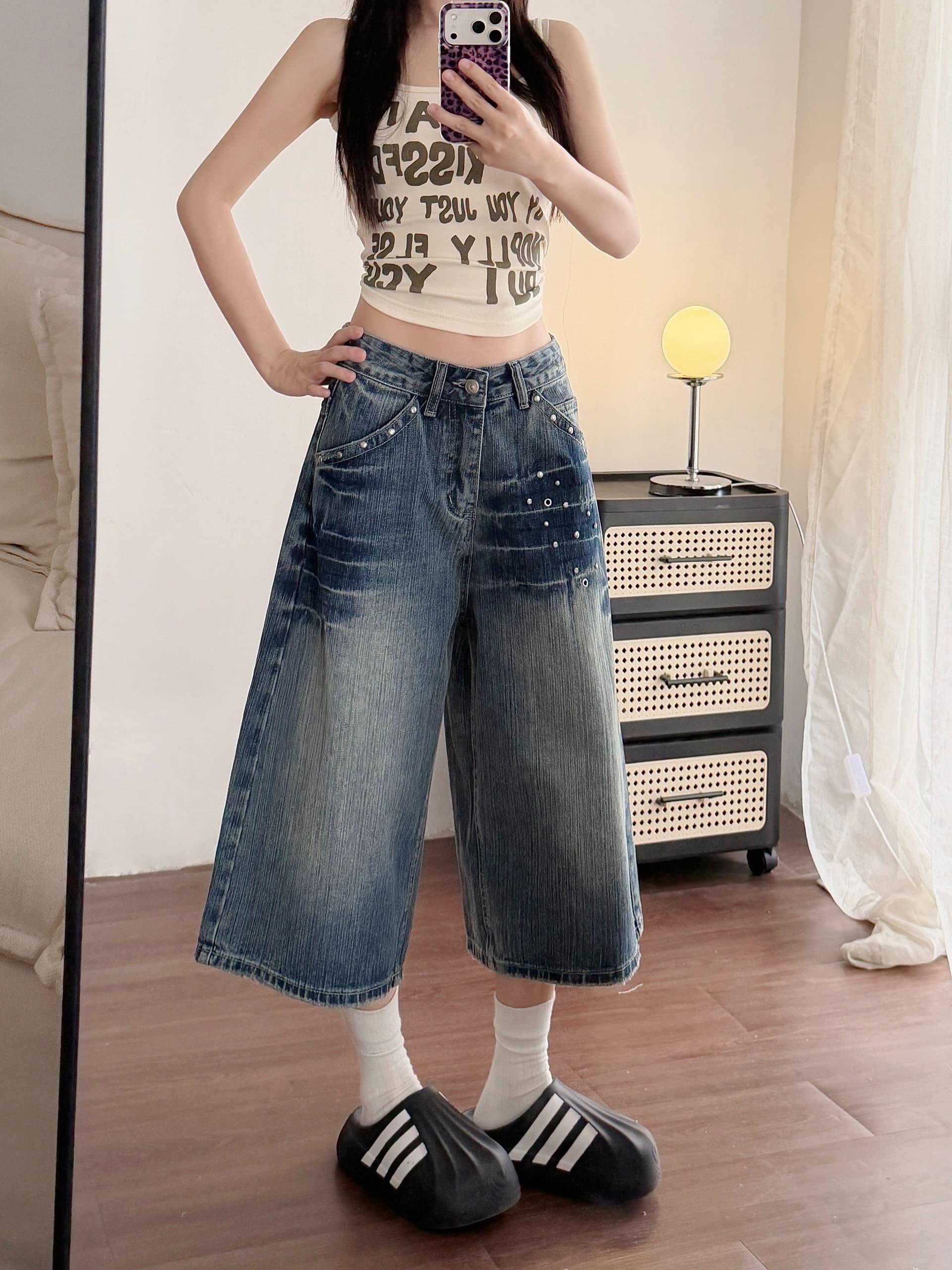 출퇴근 한국 스타일 개성 데님 7부 바지 여성 봄 여름 새로운 워싱 디스플레이 높음 다용도 루즈핏 넓은 다리 청바지 상세 이미지 5