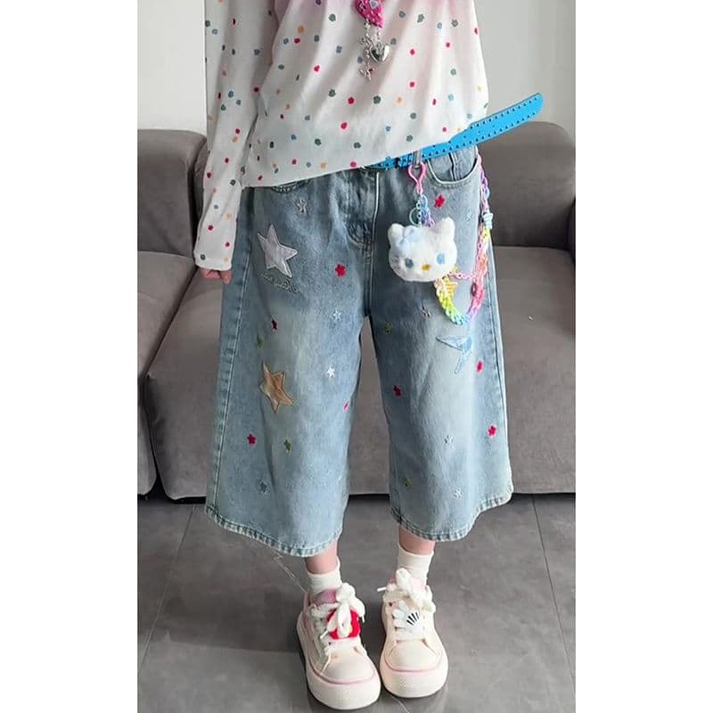 학원 스타일 ins 별 패치 프린트 데님 청바지 여성 봄 여름 새로운 루즈핏 스트레이트 7부 바지 트렌디
