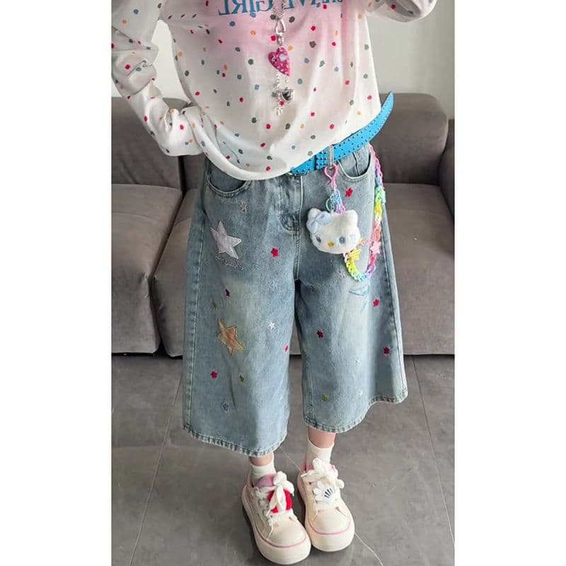 학원 스타일 ins 별 패치 프린트 데님 청바지 여성 봄 여름 새로운 루즈핏 스트레이트 7부 바지 트렌디 이미지 2