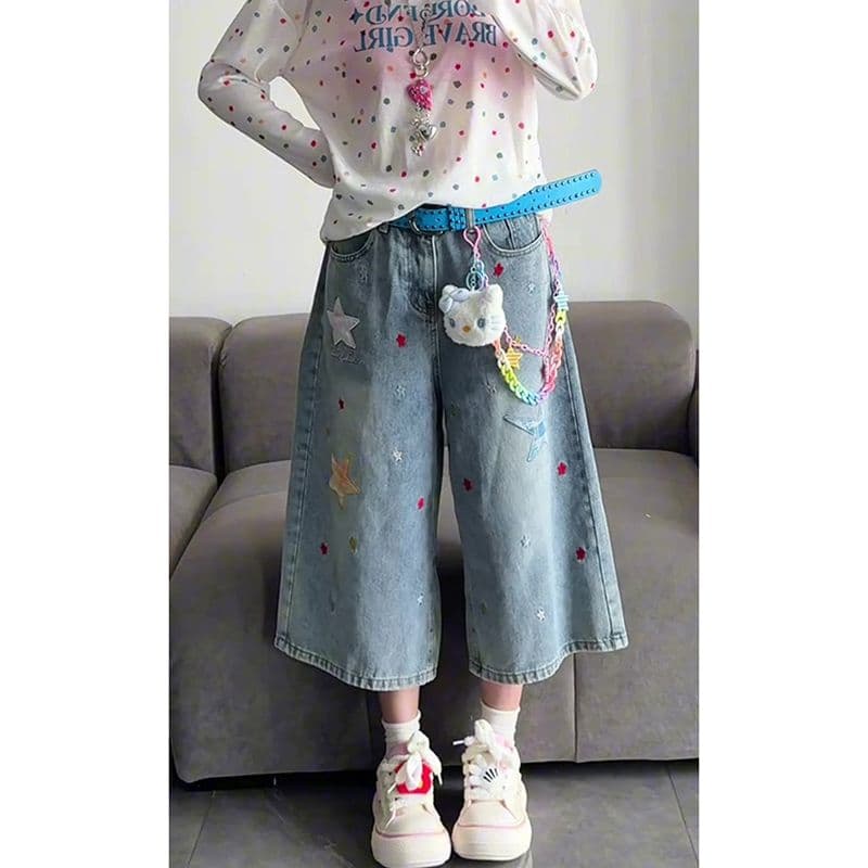 학원 스타일 ins 별 패치 프린트 데님 청바지 여성 봄 여름 새로운 루즈핏 스트레이트 7부 바지 트렌디 이미지 4