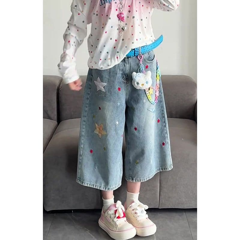 학원 스타일 ins 별 패치 프린트 데님 청바지 여성 봄 여름 새로운 루즈핏 스트레이트 7부 바지 트렌디 이미지 3