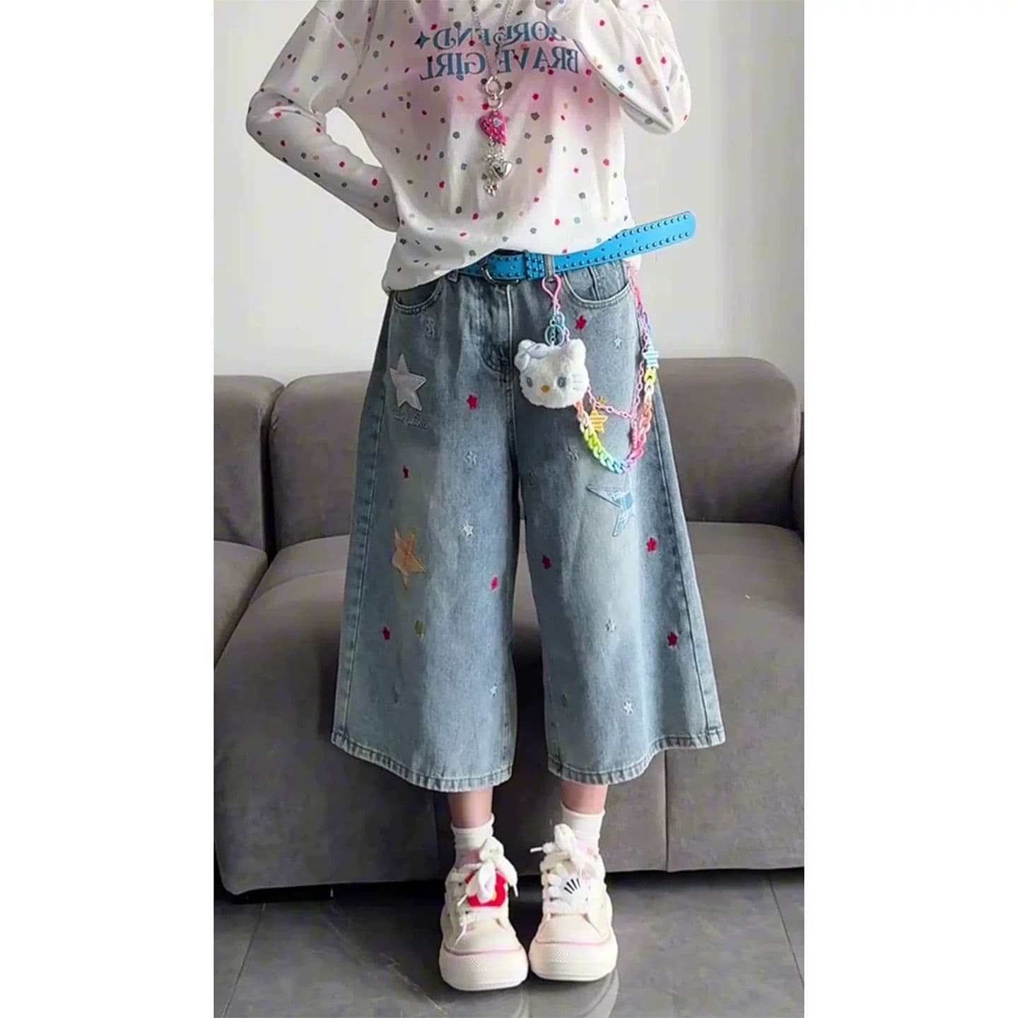 학원 스타일 ins 별 패치 프린트 데님 청바지 여성 봄 여름 새로운 루즈핏 스트레이트 7부 바지 트렌디 상세 이미지 2