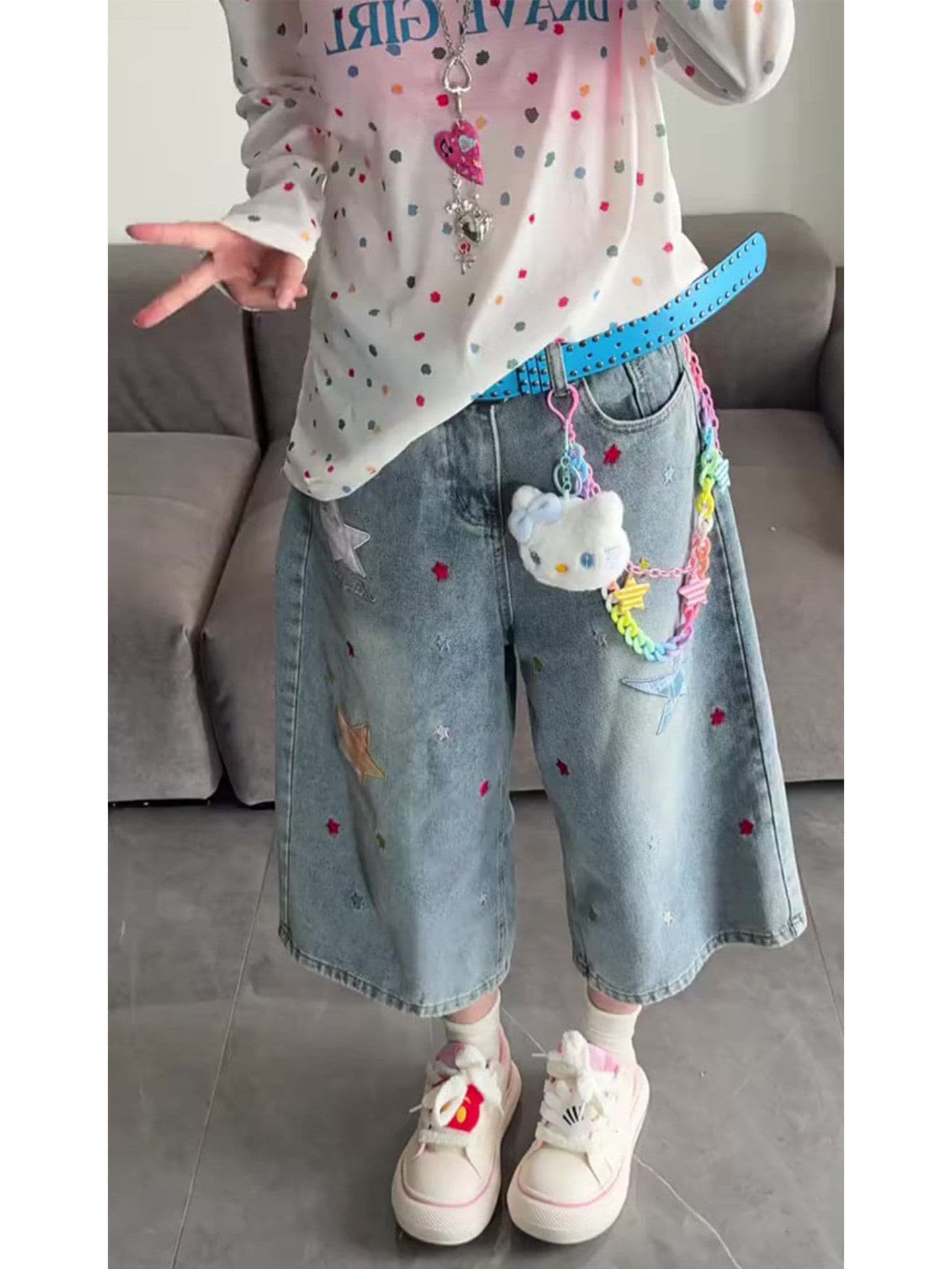 학원 스타일 ins 별 패치 프린트 데님 청바지 여성 봄 여름 새로운 루즈핏 스트레이트 7부 바지 트렌디 상세 이미지 3