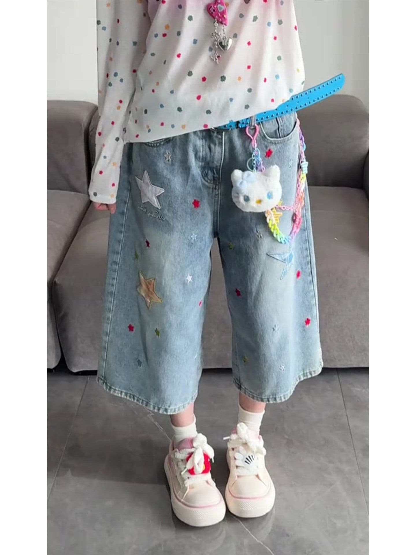 학원 스타일 ins 별 패치 프린트 데님 청바지 여성 봄 여름 새로운 루즈핏 스트레이트 7부 바지 트렌디 상세 이미지 5