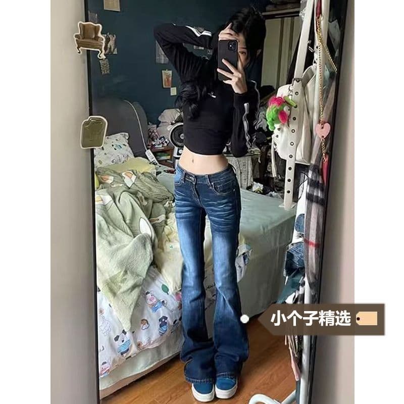 레트로 워싱 데님 나팔 가을 청바지 여성 한국 스타일 슬림해 보이는 핫걸 타이트 하이웨이스트 디자인 바닥 청소 바지 상세 이미지 1