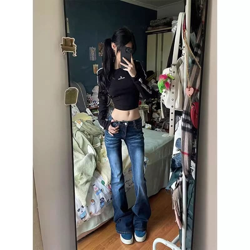 레트로 워싱 데님 나팔 가을 청바지 여성 한국 스타일 슬림해 보이는 핫걸 타이트 하이웨이스트 디자인 바닥 청소 바지 상세 이미지 3